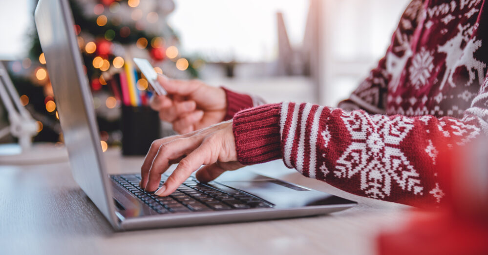 Women,Wearing,Red,Sweater,Shopping,Online,And,Using,Credit,Card